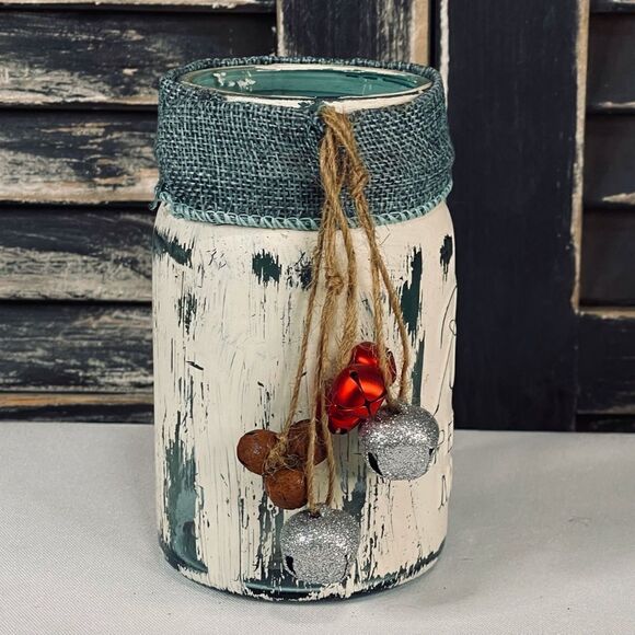 Hand-Painted Cream Color Antique Ball Pint Blue Mason Jar with Burlap & Bells - Picture 2 of 5